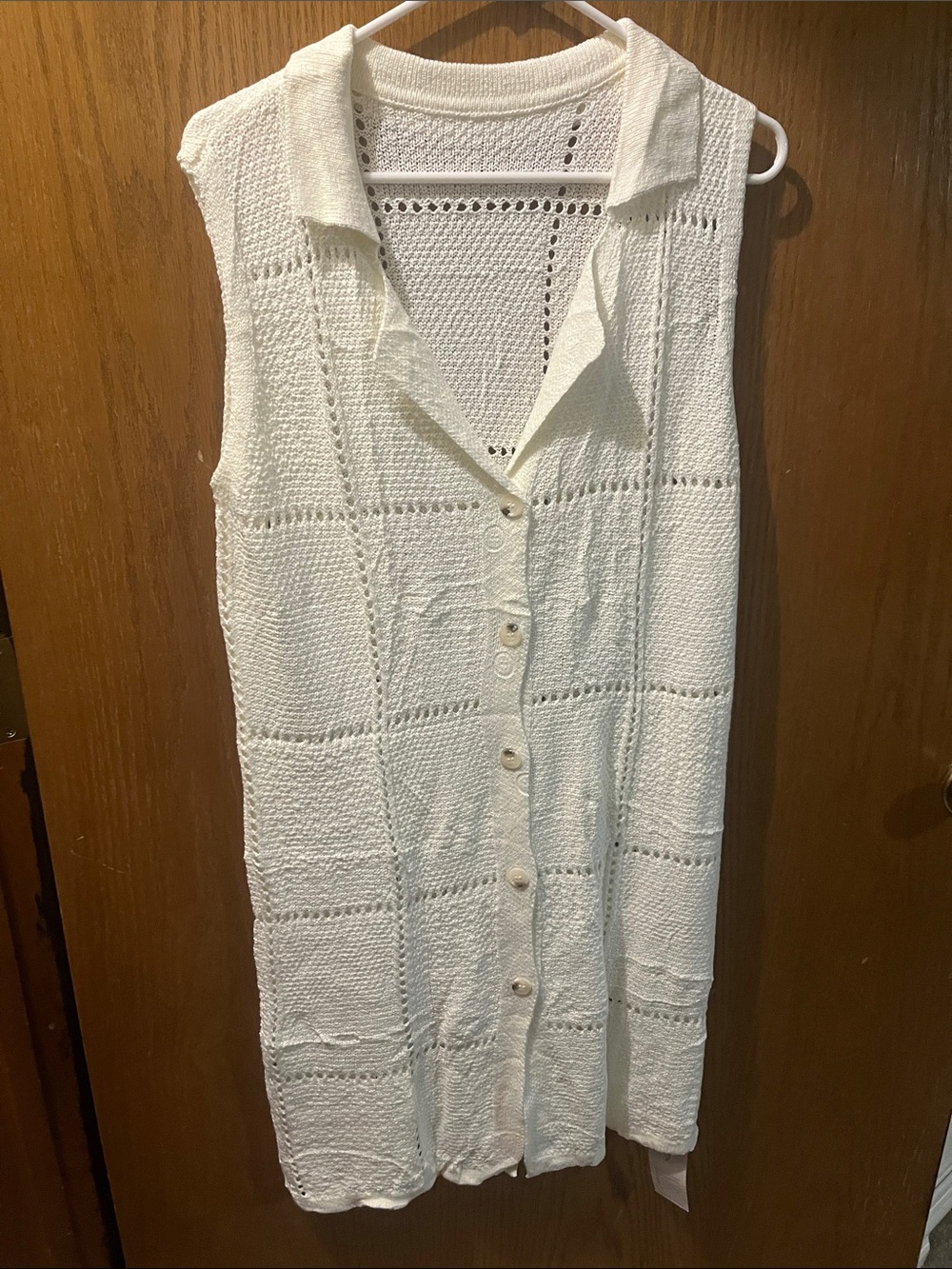 Sleeveless Open-Knit Button-Front long Cardigan Vest - White